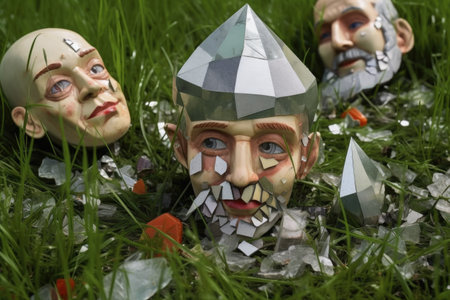 close-up of shattered garden gnomes face on grass, created with generative aiの素材