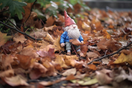 broken gnome surrounded by fallen leaves, created with generative aiの素材