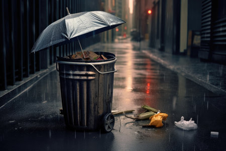 broken umbrella in a trash can, symbolizing the end of a rainstorm, created with generative aiの素材