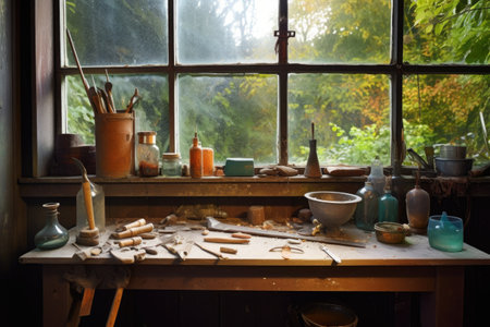 tools and new glass pane ready for window repair, created with generative aiの素材
