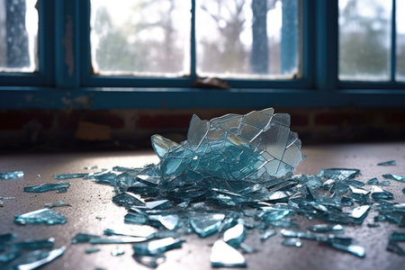 close-up of shattered glass on the ground near a window, created with generative aiの素材