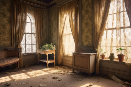 interior view of a room with a damaged window and curtains, created with generative aiの素材