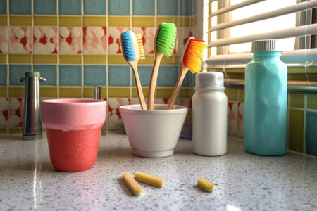toothbrushes and toothpaste on bathroom counter, created with generative aiの素材
