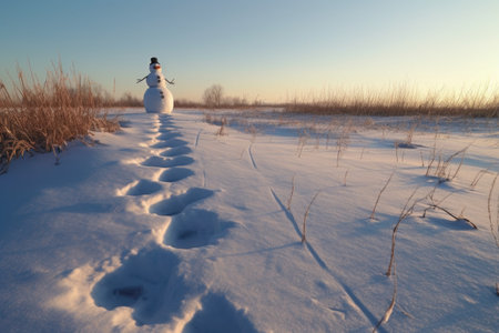 snowman with a trail of footprints leading to it, created with generative aiの素材