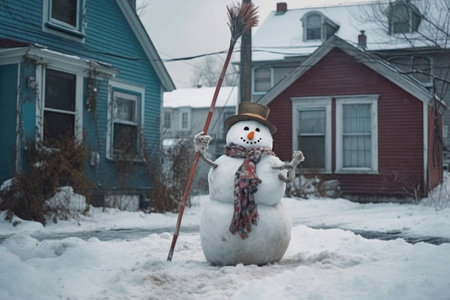snowman holding a broom in a snowy backyard, created with generative aiの素材