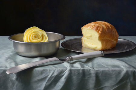 butter curl with a butter dish and knife in soft focus, created with generative aiの素材