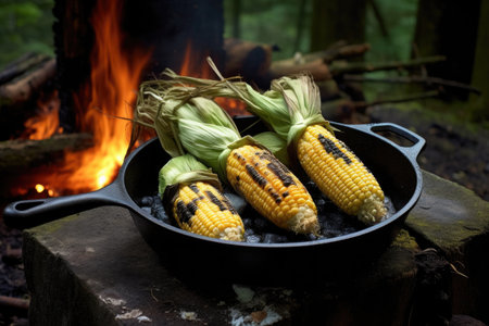 corn on the cob roasting in a cast iron skillet over campfire, created with generative aiの素材