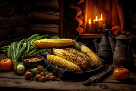 roasted corn on the cob on rustic wooden table near campfire, created with generative aiの素材
