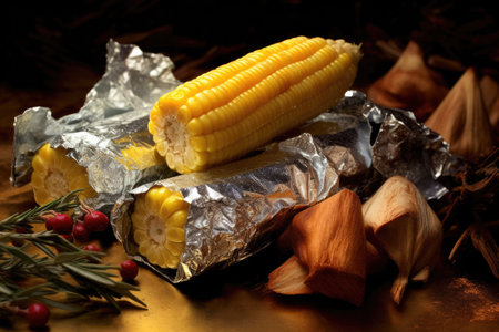 campfire corn on the cob wrapped in aluminum foil, created with generative aiの素材