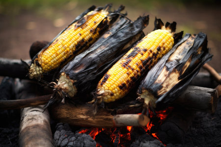charred and roasted corn on the cob, removed from campfire, created with generative aiの素材