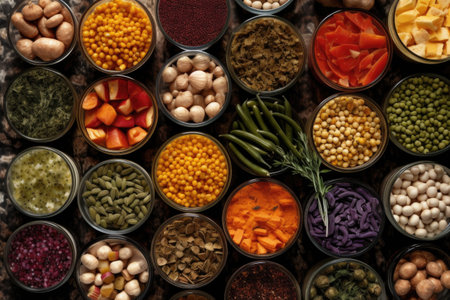 top view of assorted canned vegetables and spices, created with generative aiの素材