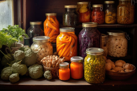 variety of preserved autumn veggies in a pantry, created with generative aiの素材