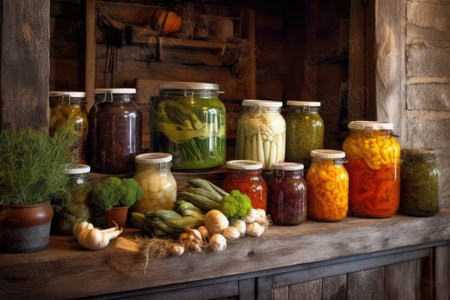jars of preserved vegetables with rustic background, created with generative aiの素材