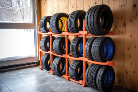 winter tires storage rack in a garage or workshop, created with generative aiの素材
