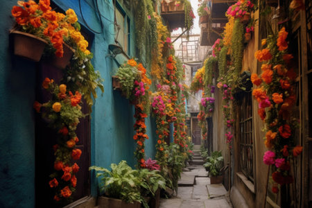 narrow alleyway with vibrant flowers draping over walls, created with generative aiの素材