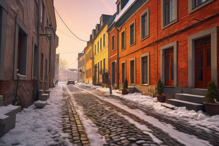 snow-covered cobblestone street in a quaint town, created with generative aiの素材