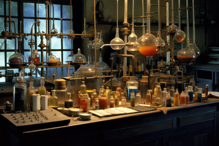 chemistry lab equipment, such as bunsen burners and pipettes, created with generative aiの素材