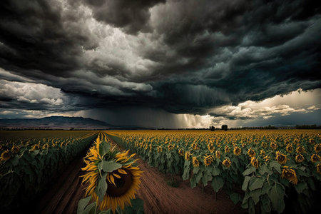 sunflower field with dramatic storm clouds in the background, created with generative aiの素材