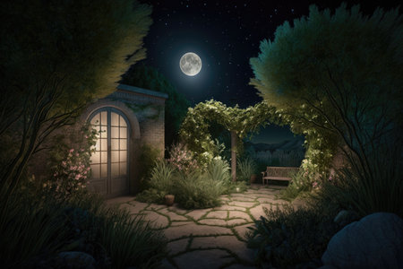 secluded garden, with views of the stars and moon, for a truly tranquil summer evening, created with generative aiの素材