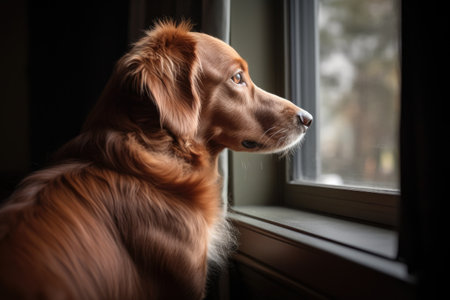 dog, looking out the window and watching the world go by, created with generative aiの素材