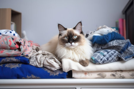 ragdoll cat lying on bed, surrounded by pillows and blankets, created with generative aiの素材