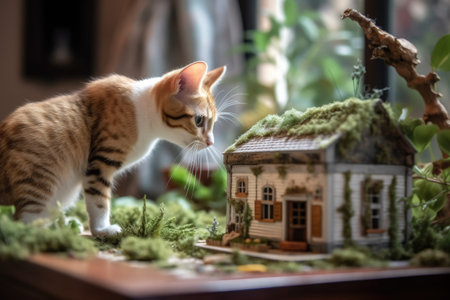 curious kitten exploring new environment, including model house and garden, created with generative aiの素材
