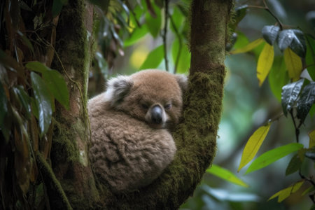 koala bear snuggled in warm and cozy tree branch, with view of the lush forest, created with generative aiの素材