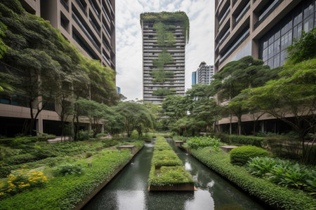 skyscraper surrounded by lush gardens and flowing water features, created with generative aiの素材