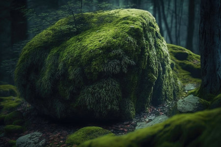 close-up of mysterious moss-covered rock in forest, created with generative aiの素材
