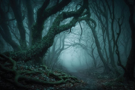 creepy forest with mist, eerie atmosphere and supernatural presence, created with generative aiの素材