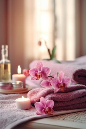 relaxing spa setting with orchids and soft towels, created with generative aiの素材