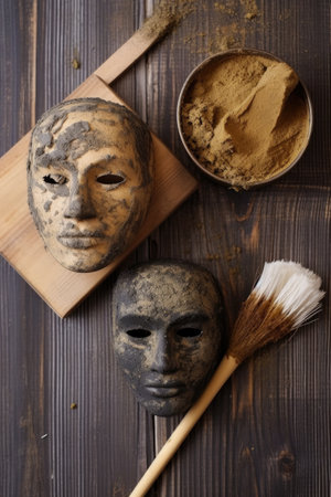 mud mask and face brush on natural wood surface, created with generative aiの素材