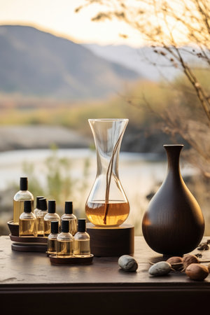 aromatherapy oils and diffuser in a serene setting, created with generative aiの素材
