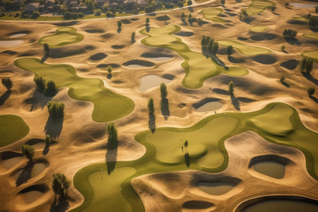 aerial view of a pristine golf course with sand bunkers, created with generative aiの素材