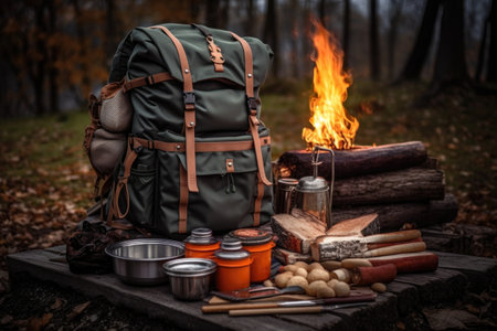 hiking backpack near a campfire with cooking gear, created with generative aiの素材
