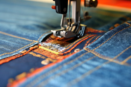 sewing machine stitching denim pockets, created with generative aiの素材