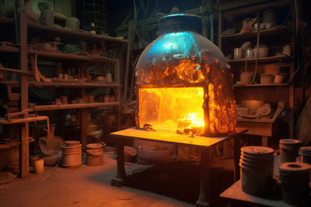 glowing furnace with melting metal for bell casting, created with generative aiの素材