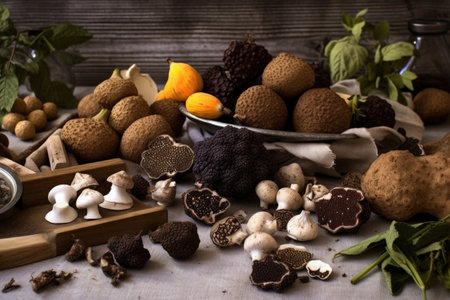 truffle ingredients arranged artfully on a table, created with generative aiの素材