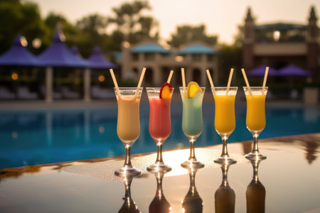 french 75 cocktails lined up along pool edge, created with generative aiの素材