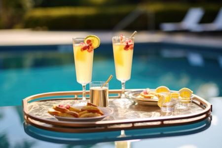 poolside french 75 with splashing water backdrop, created with generative aiの素材