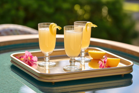 french 75 cocktails on a serving tray by the pool, created with generative aiの素材