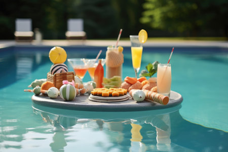 pool floaties and french 75 cocktails arrangement, created with generative aiの素材