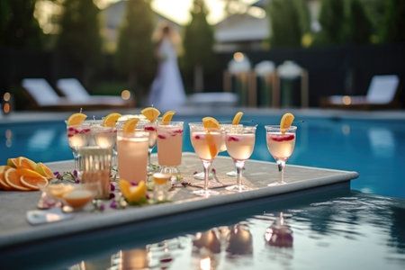 pool party setup with french 75 cocktails in the foreground, created with generative aiの素材