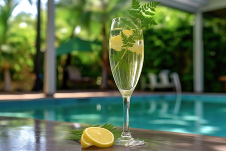 french 75 cocktail in a crystal glass with poolside greenery, created with generative aiの素材