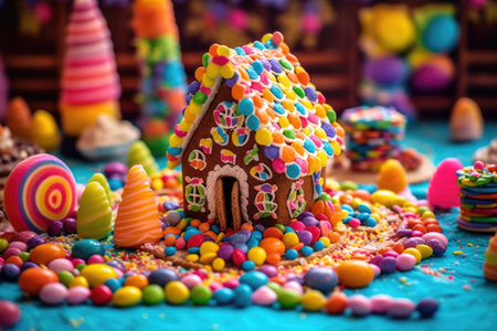 gingerbread house with colorful candy decorations, created with generative aiの素材