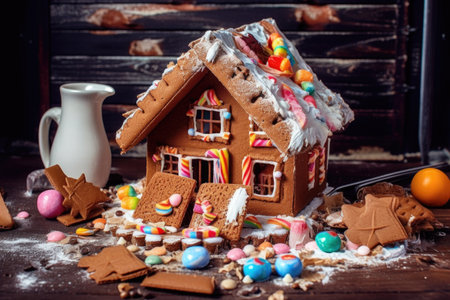 broken gingerbread house with crumbs and candies, created with generative aiの素材