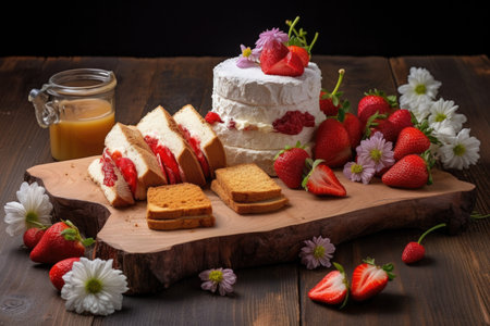 sliced strawberries and shortcake on wooden board, created with generative aiの素材