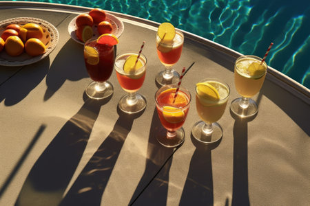 sunlit tom collins cocktails casting shadows by pool, created with generative aiの素材