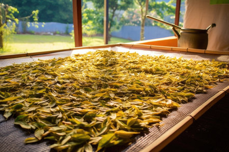 sun-drying tea leaves on a large woven mat, created with generative aiの素材