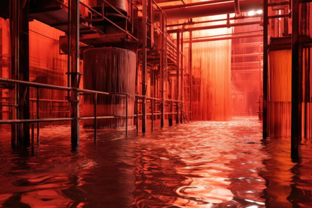 red-hot metal bars cooling in water at a mill, created with generative aiの素材